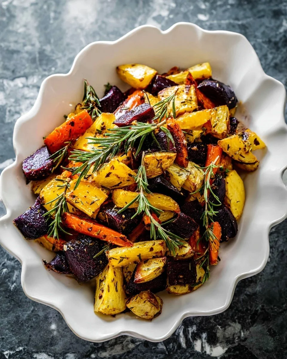 A colorful platter of roasted root vegetables including carrots, beets, and potatoes.