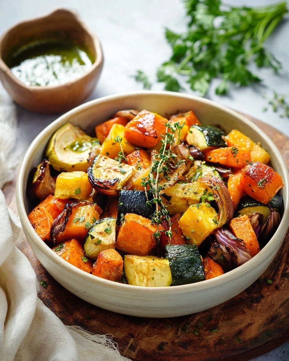 Plate of roasted root vegetables topped with balsamic glaze
