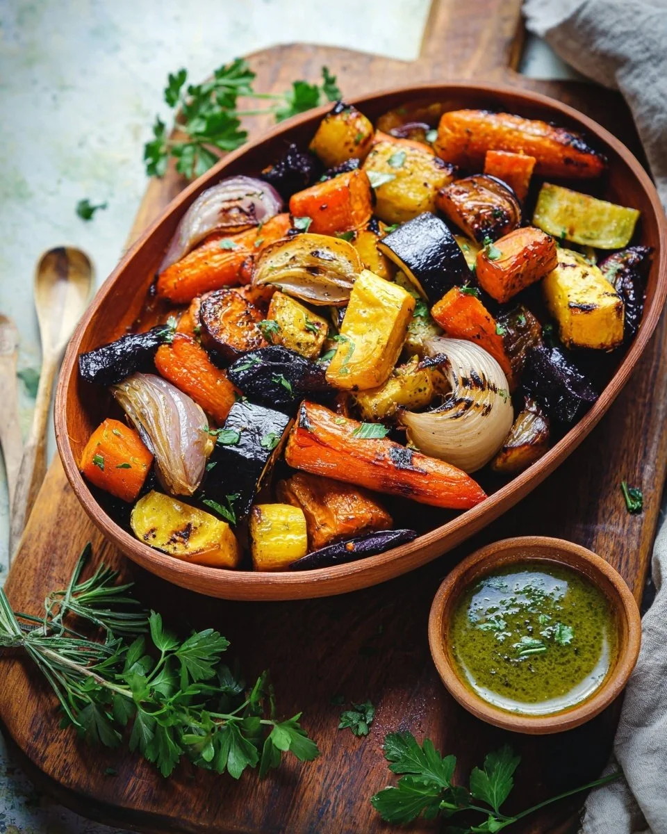 Plate of roasted root vegetables with balsamic glaze.