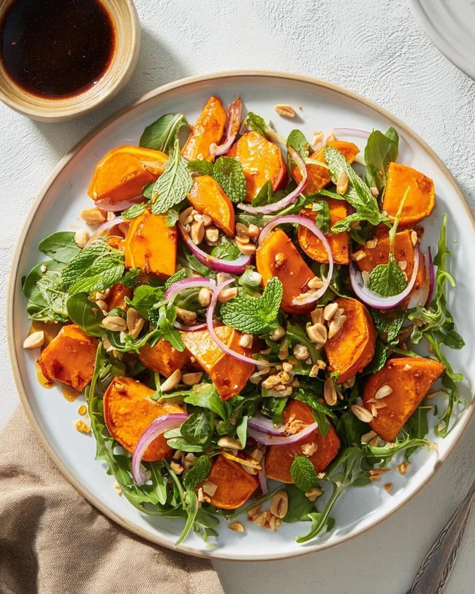 Roasted sweet potato salad with mint and Vietnamese dressing served in a bowl.