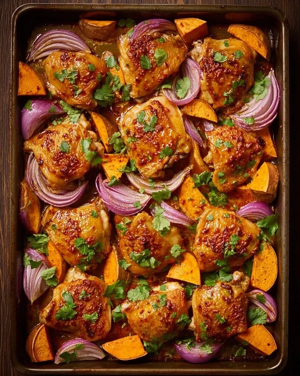 Sheet-pan harissa chicken with sweet potatoes, roasted to perfection.