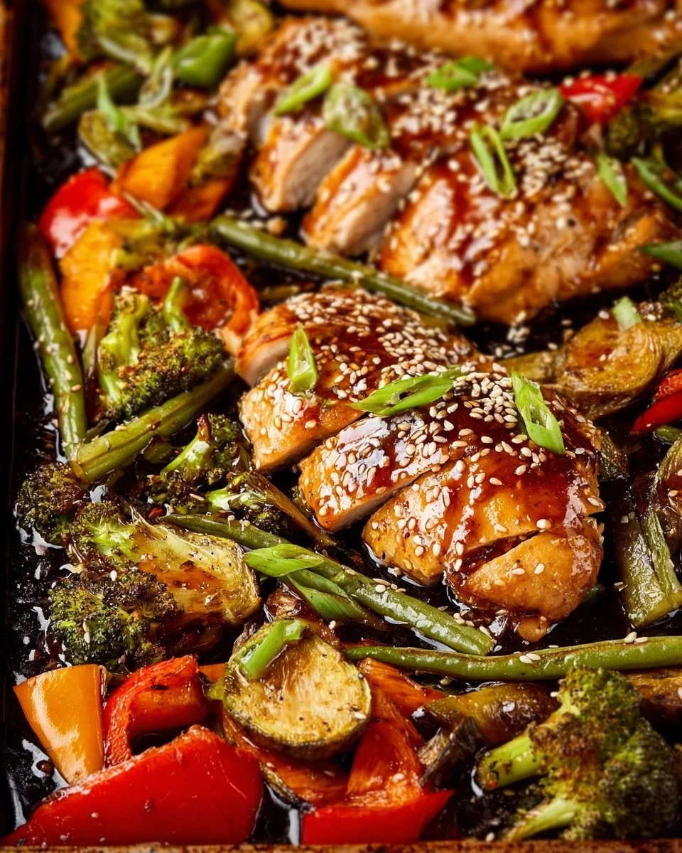 Delicious sheet pan teriyaki chicken with colorful vegetables and sesame seeds.