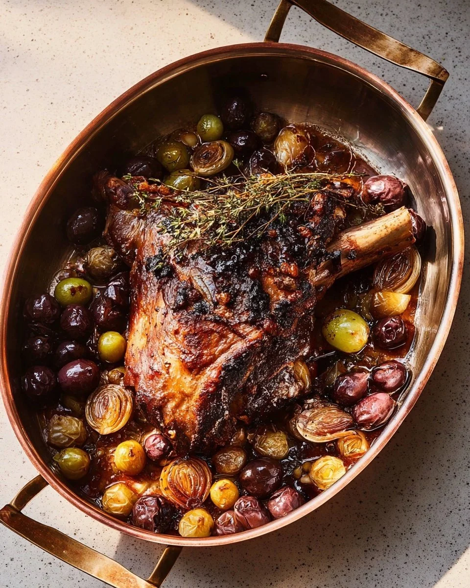 Slow-roasted lamb dish with grapes served on a rustic table.