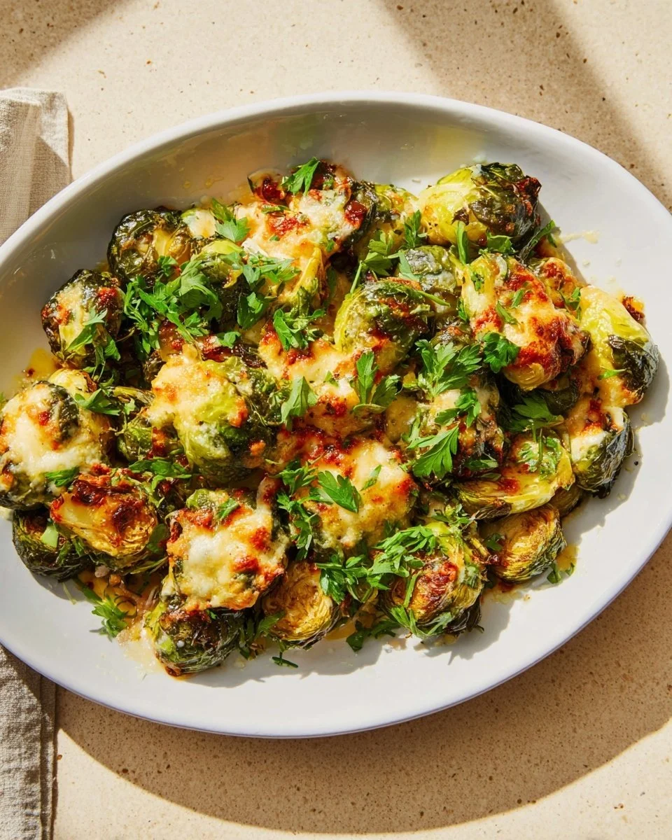Delicious smashed Brussels sprouts served as a healthy side dish