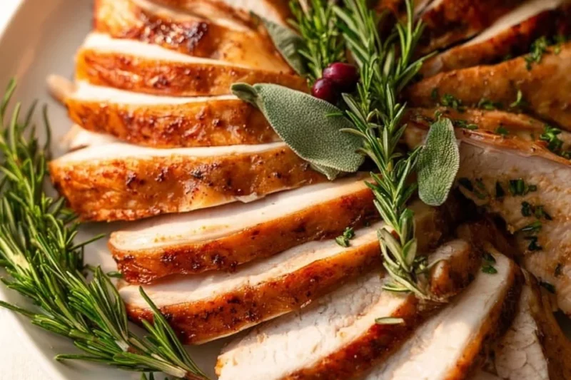 Delicious smoked turkey breast garnished with herbs and spices.