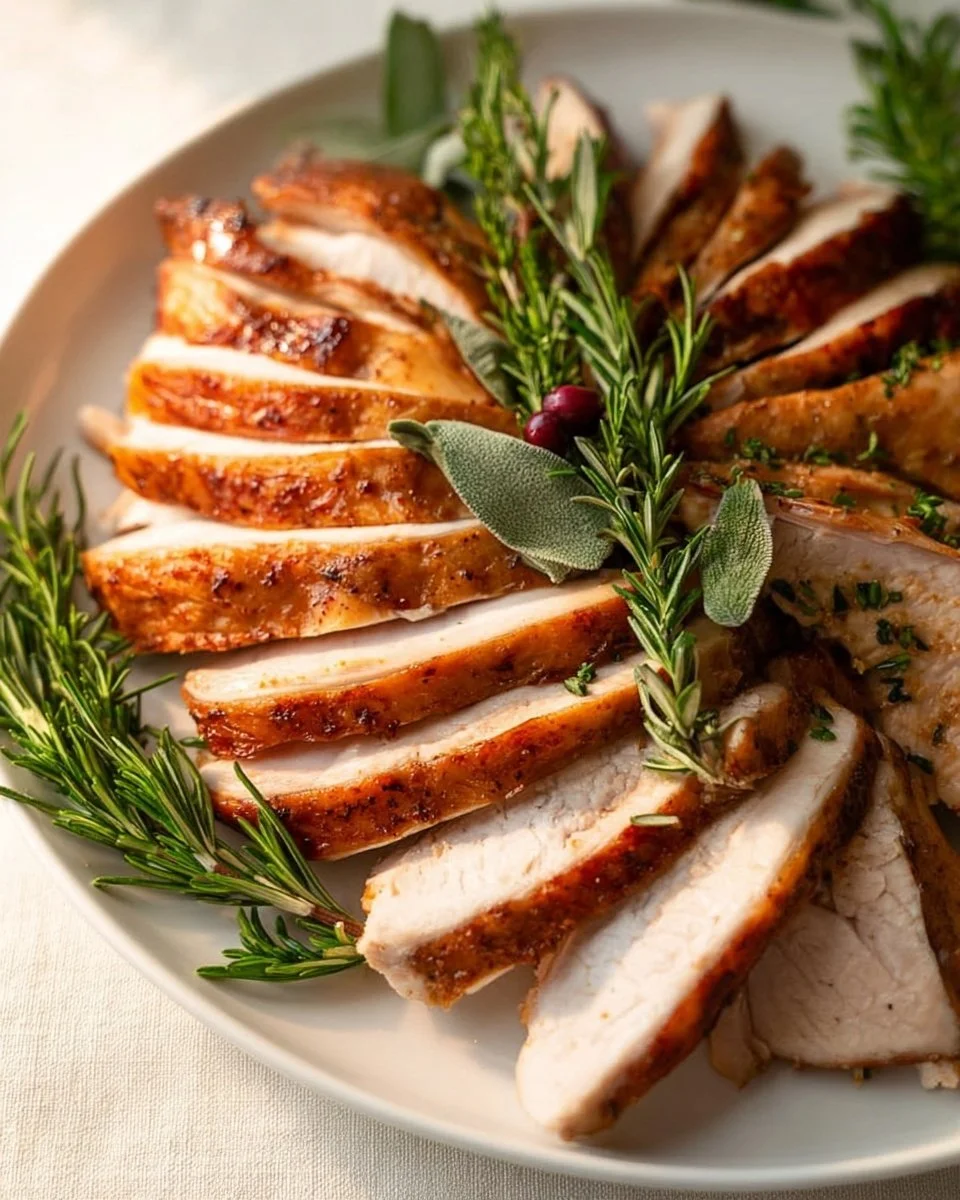 Delicious smoked turkey breast garnished with herbs and spices.