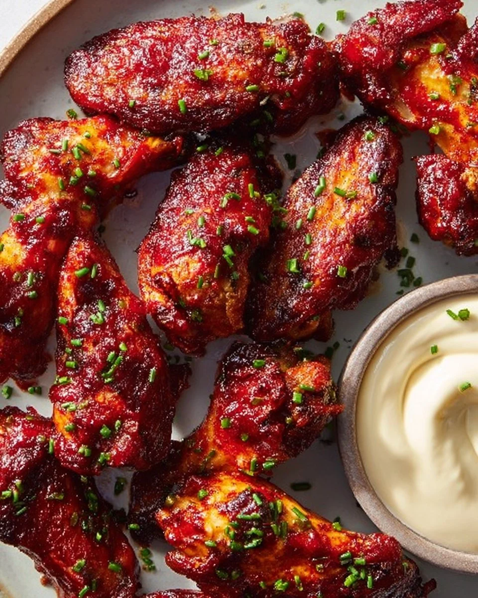 Spicy cranberry chicken wings garnished with fresh herbs