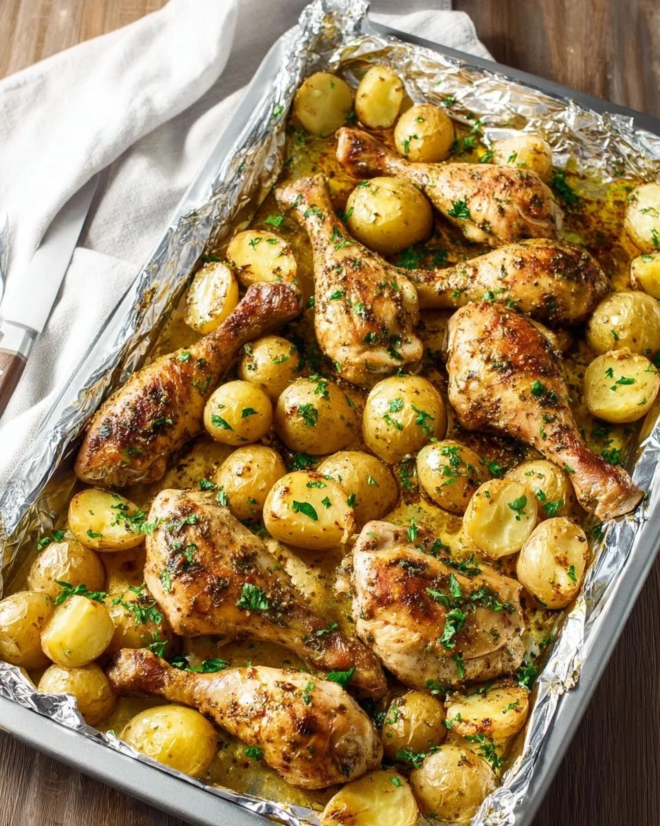 Sheet pan dinner featuring spicy garlic chicken and roasted potatoes