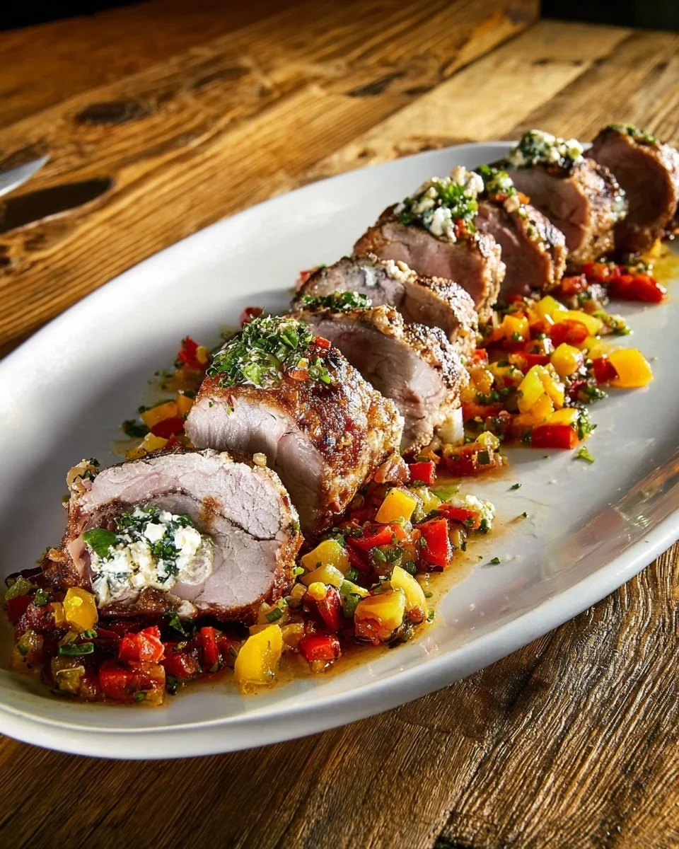 Stuffed pork tenderloin with herbed cream cheese, showcasing a gourmet presentation.