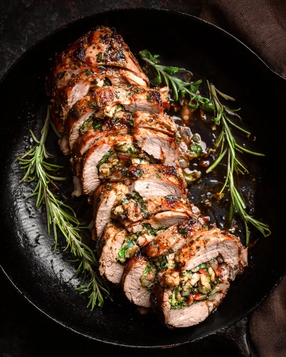 Delicious stuffed pork tenderloin with spinach and feta ready to serve