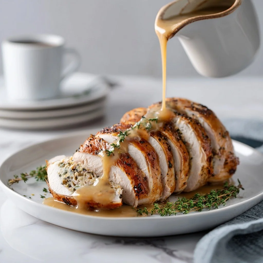 Delicious stuffed turkey breast with rich gravy for a festive meal.