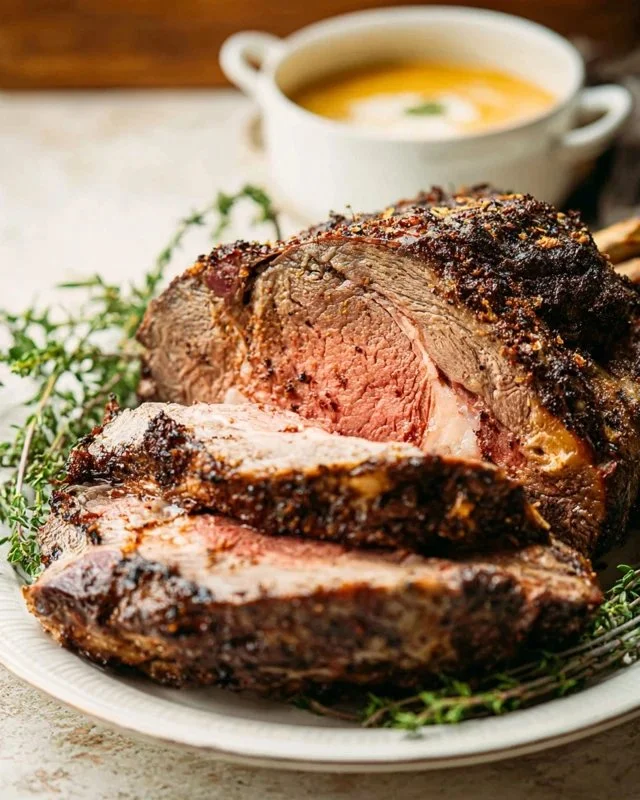 Succulent prime rib roast on a platter with herbs and seasoning