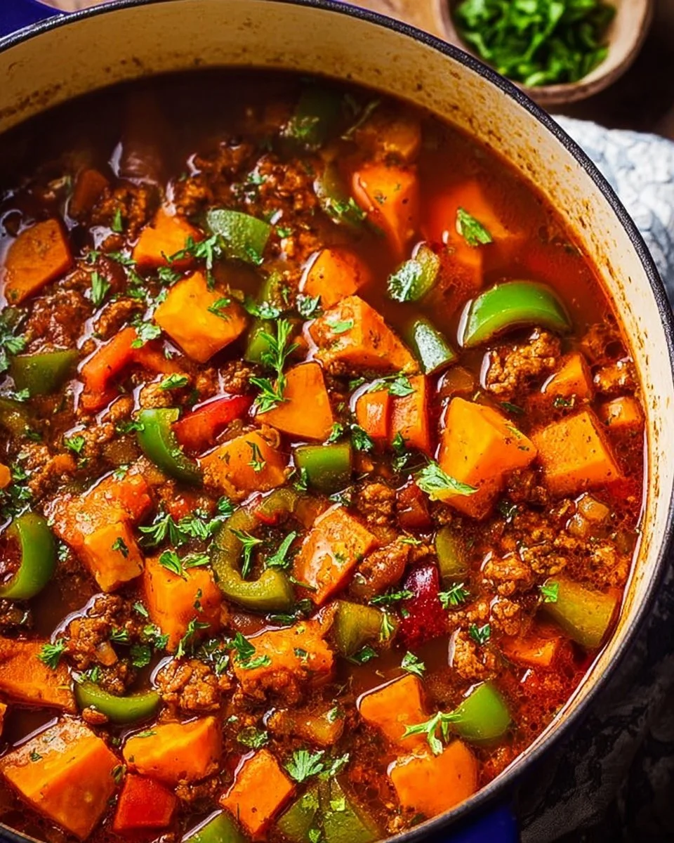Bowl of hearty Sweet Potato Chili topped with fresh herbs and spices