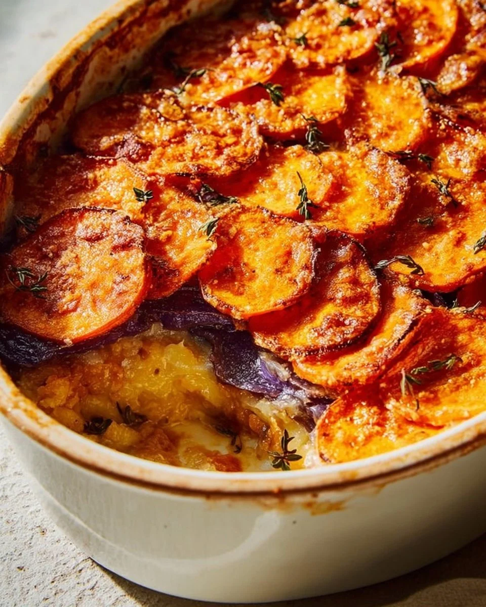 Delicious sweet potato gratin with layers of cheese and cream.