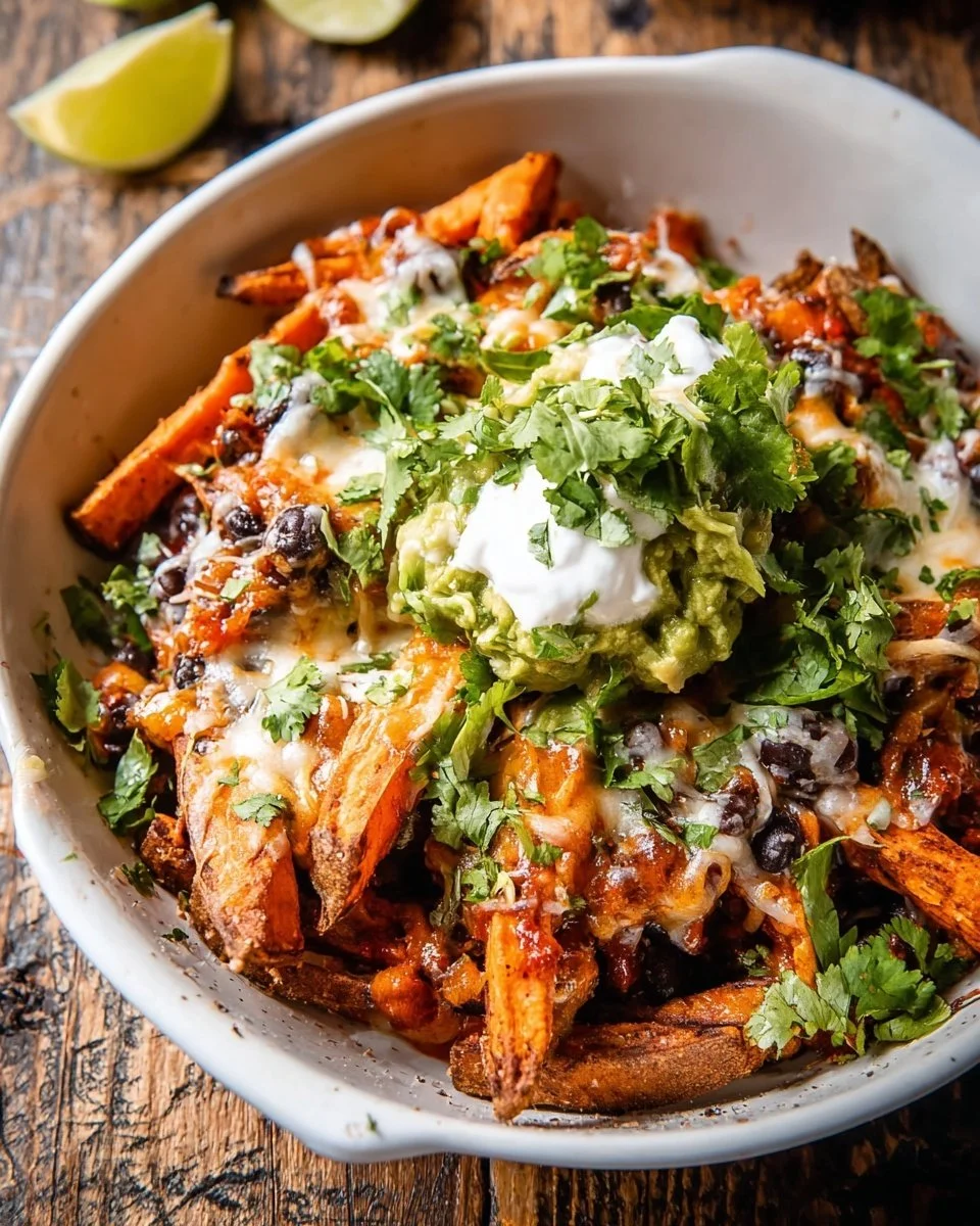 Healthy sweet potato nachos topped with fresh ingredients and cheese
