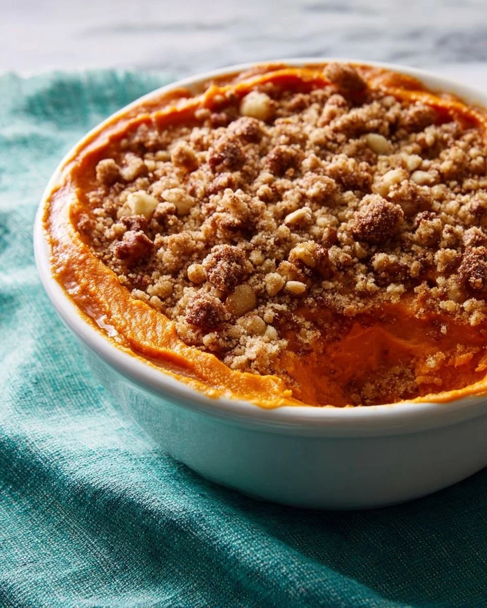 Delicious sweet potato soufflé served in a dish, garnished and ready to enjoy.