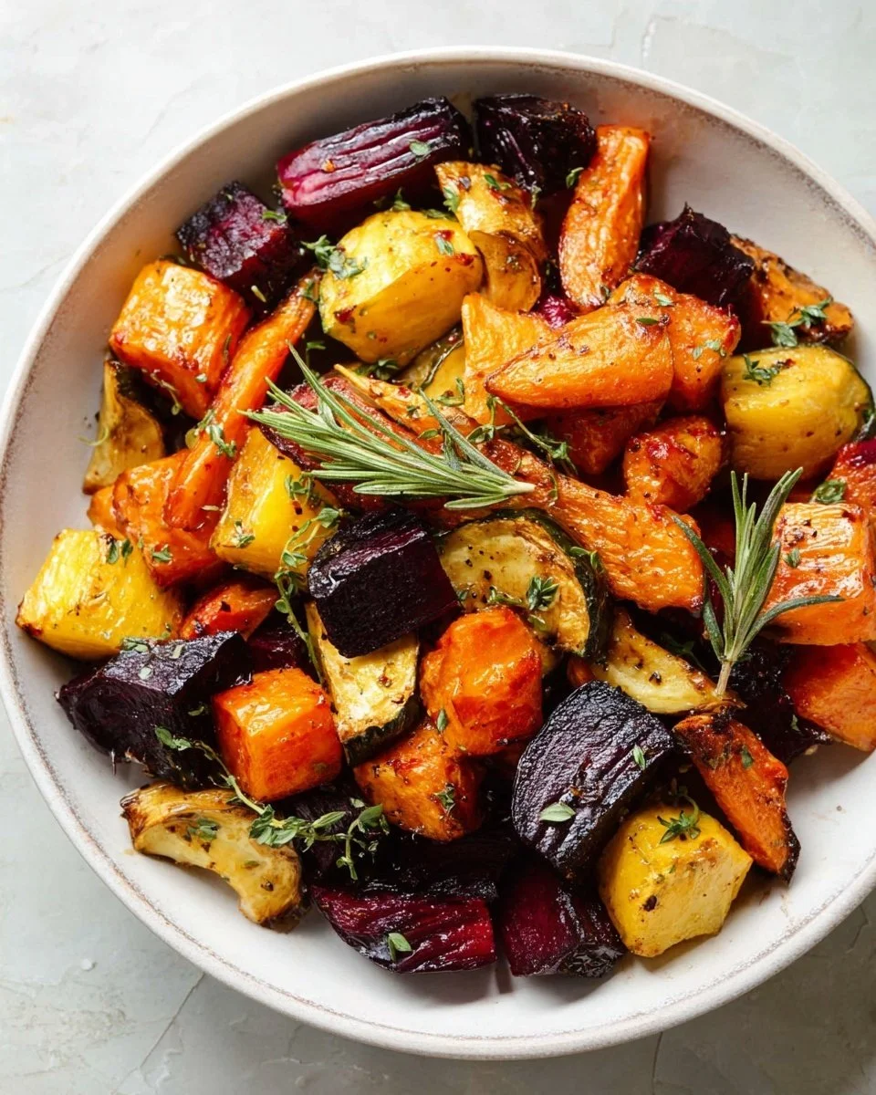 Plate of tender roasted root vegetables including carrots, potatoes, and beets