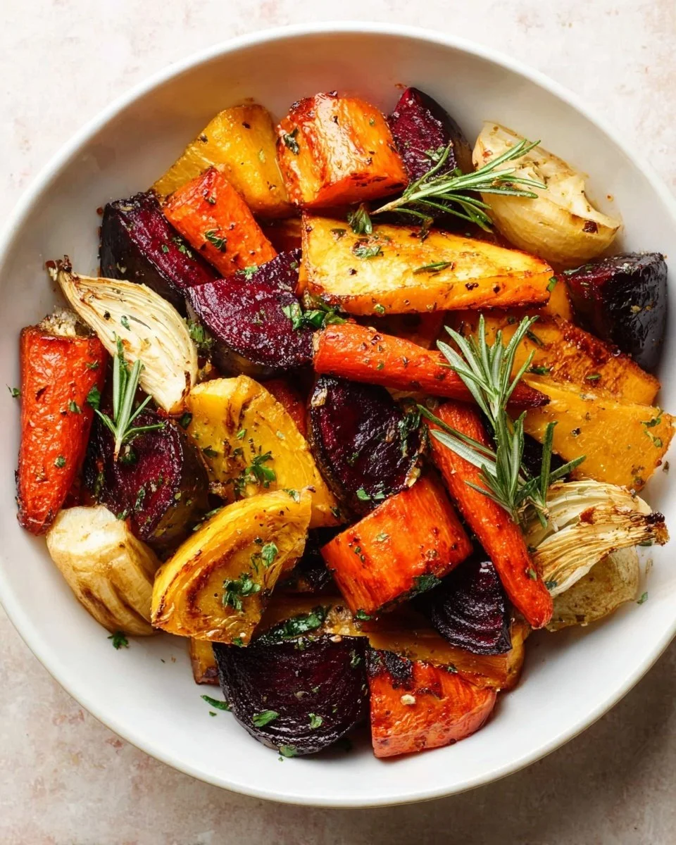 Plate of tender roasted root vegetables including carrots, potatoes, and beets