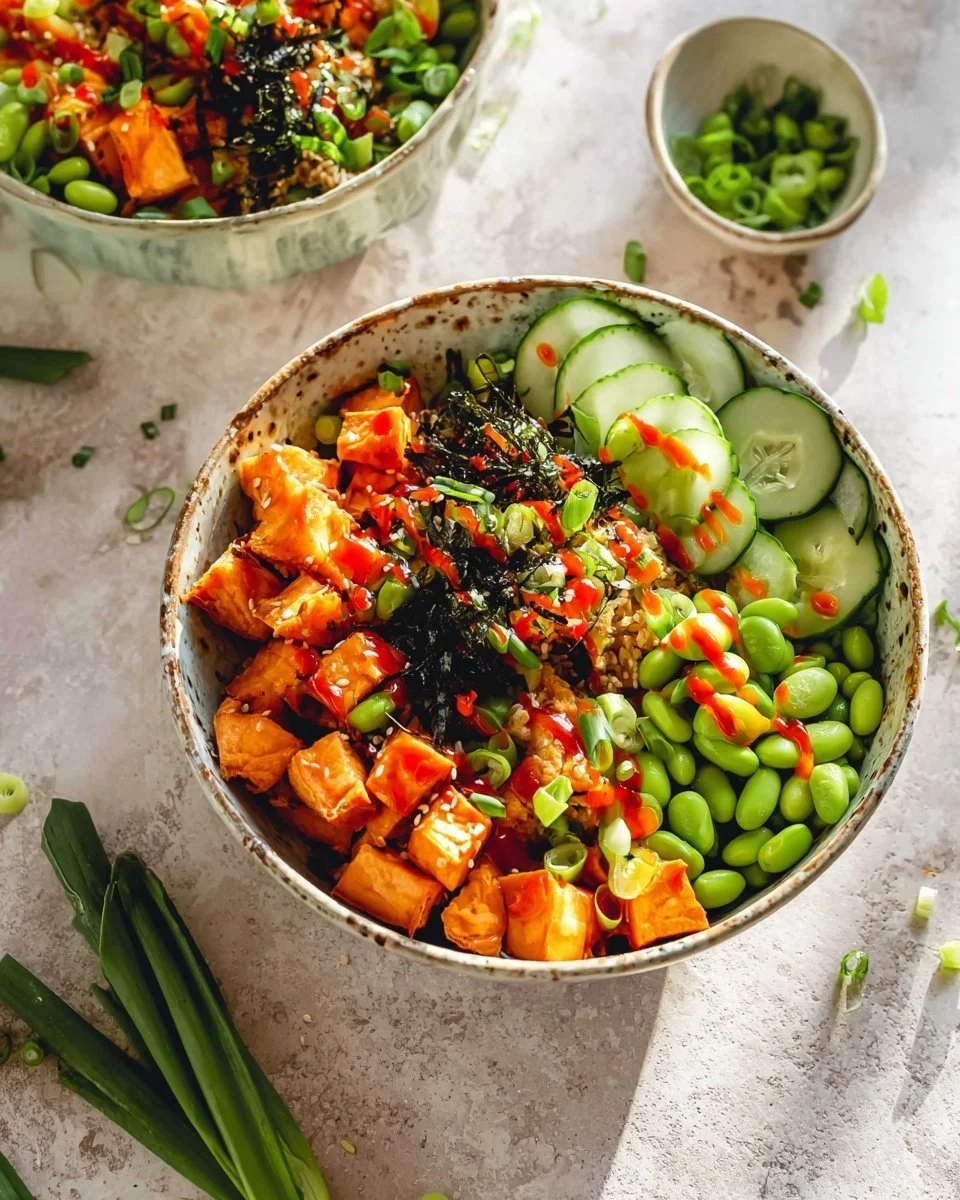 Delicious teriyaki salmon rice bowl with vibrant vegetables and flavorful sauce