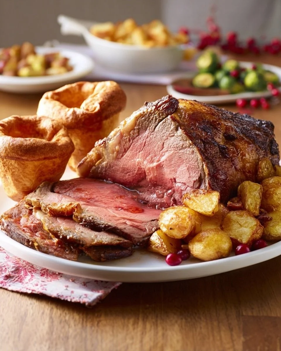A succulent Christmas roast beef served with seasonal vegetables and gravy