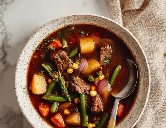 A steaming bowl of Vegetable Beef Soup with fresh vegetables and tender beef.